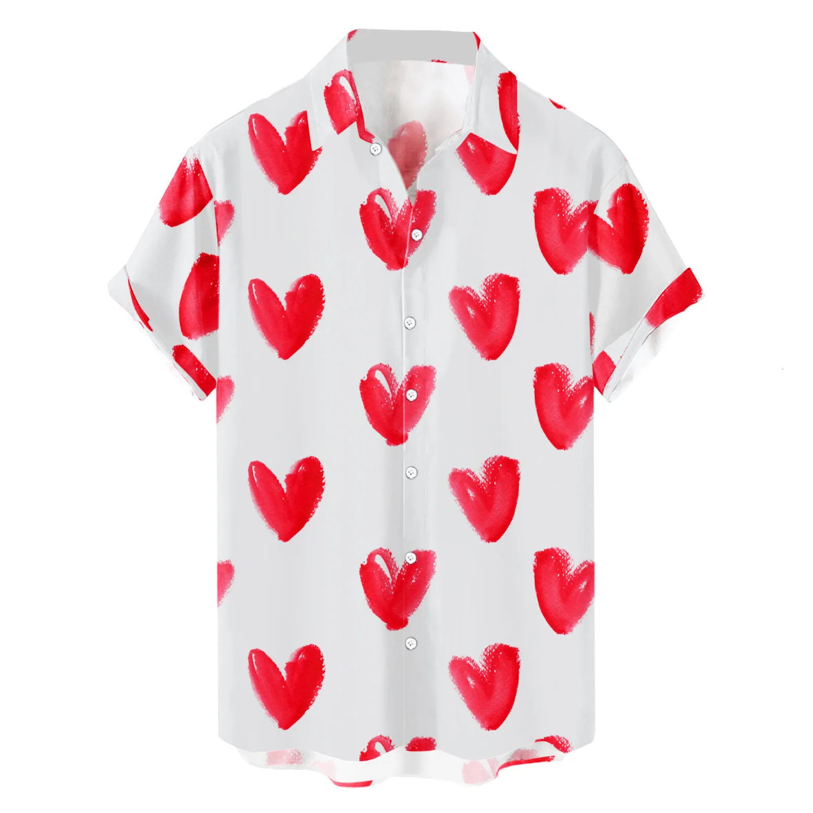 Heart Love Dots Print Men Shirt Summer Short Sleeve Blouse Button White Valentines Day Clothes Party Social Dress Male Tops 250207