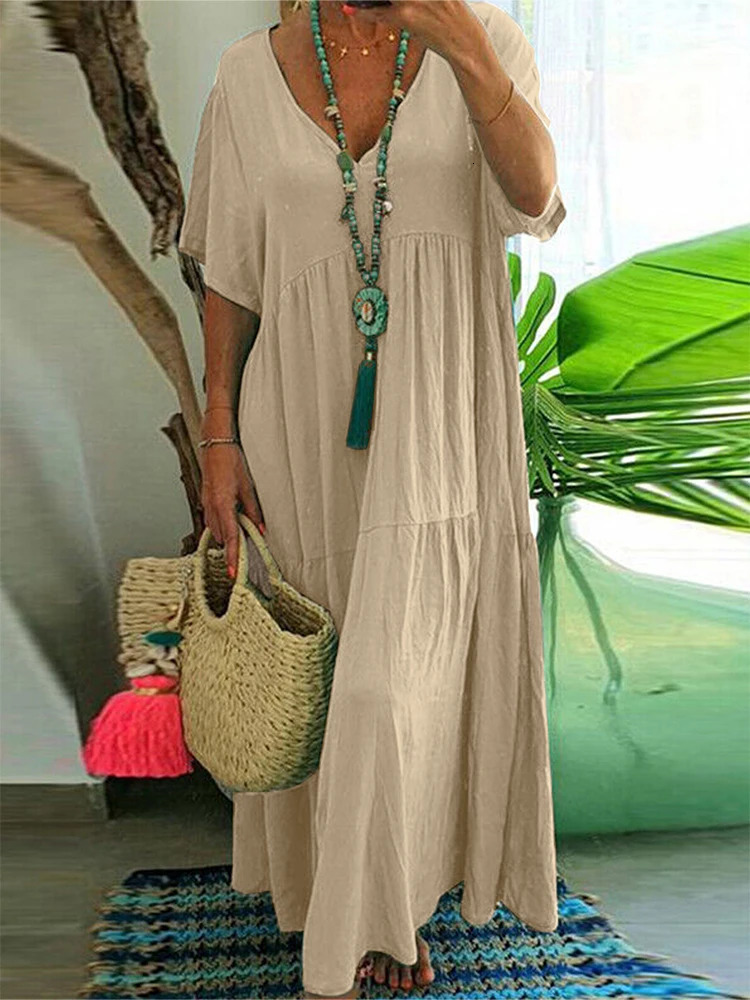 Plus Size Dres 2024 Summer VNeck Short Sleeve Pleated Solid Color Casual Midi Dress Hem Loose XL5XL 250207