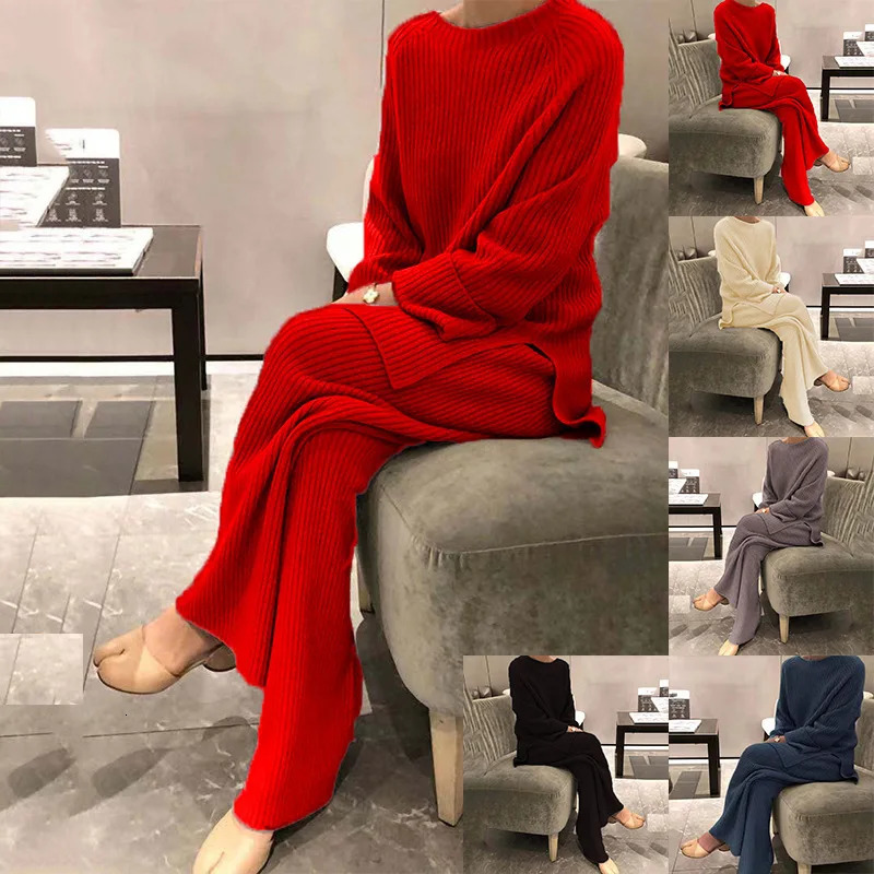 Womens Knit Lounge Sets Sweater Home Street Daily Basic Pure Simple Soft Sport Sweater Pants Fall Winter Round Neck Long Sleeve 250207