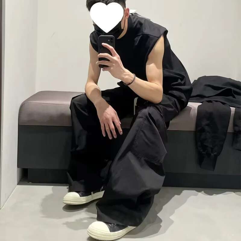 Baggy Cargo For Men Trendy Black Bell-bottom Multiple Pockets Casual Streetwear Sweat Pants Mens