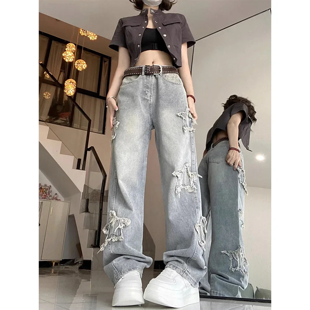 American Retro Star Blue Jeans for Women Korean Ins Highwaisted Straight Wideleg Trousers Baggy Female 250206