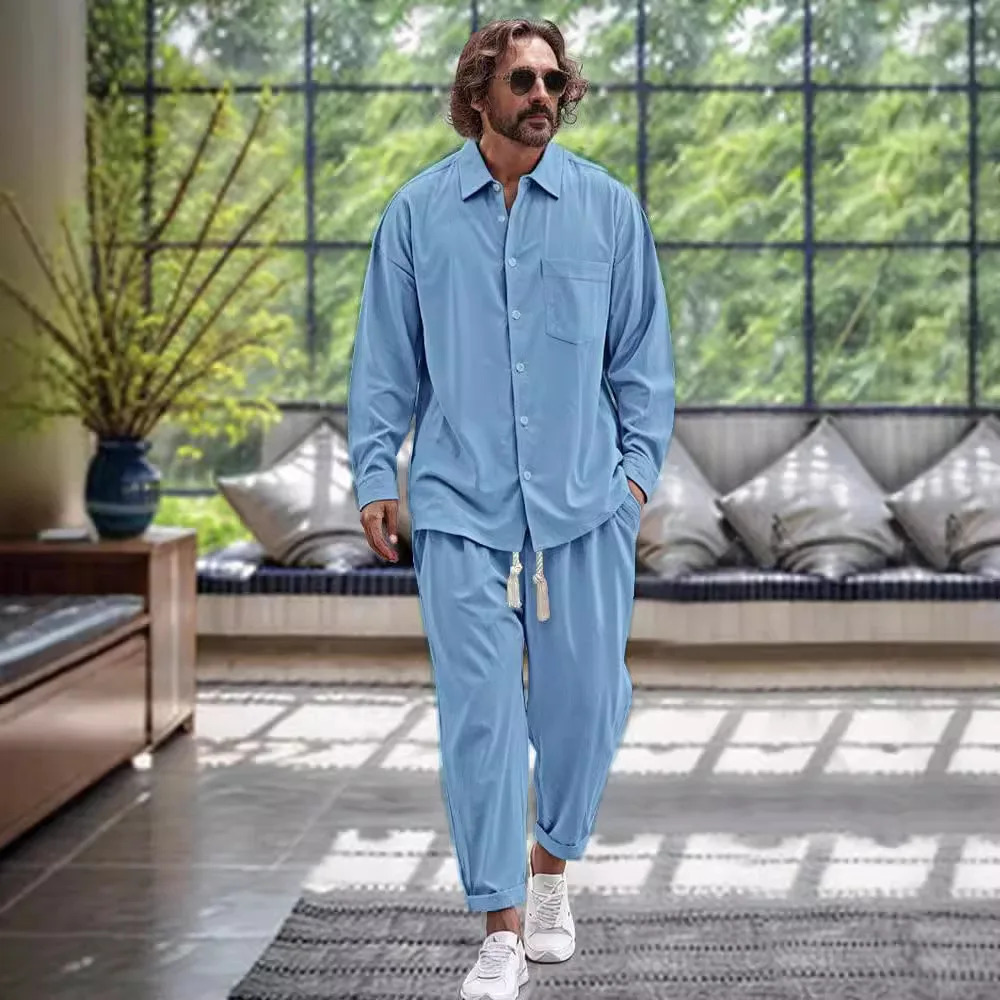 Spring and autumn mens fashion trend quality cotton linen shirt casual loose solid color lapel long sleeve trousers two sets 250208