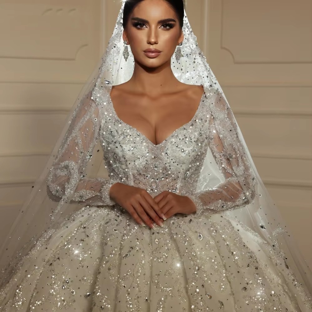 V-Neck Long Sleeve Ball Wedding Dress with Sequins & Appliques - Sweep Train, Custom Made Bridal Gown