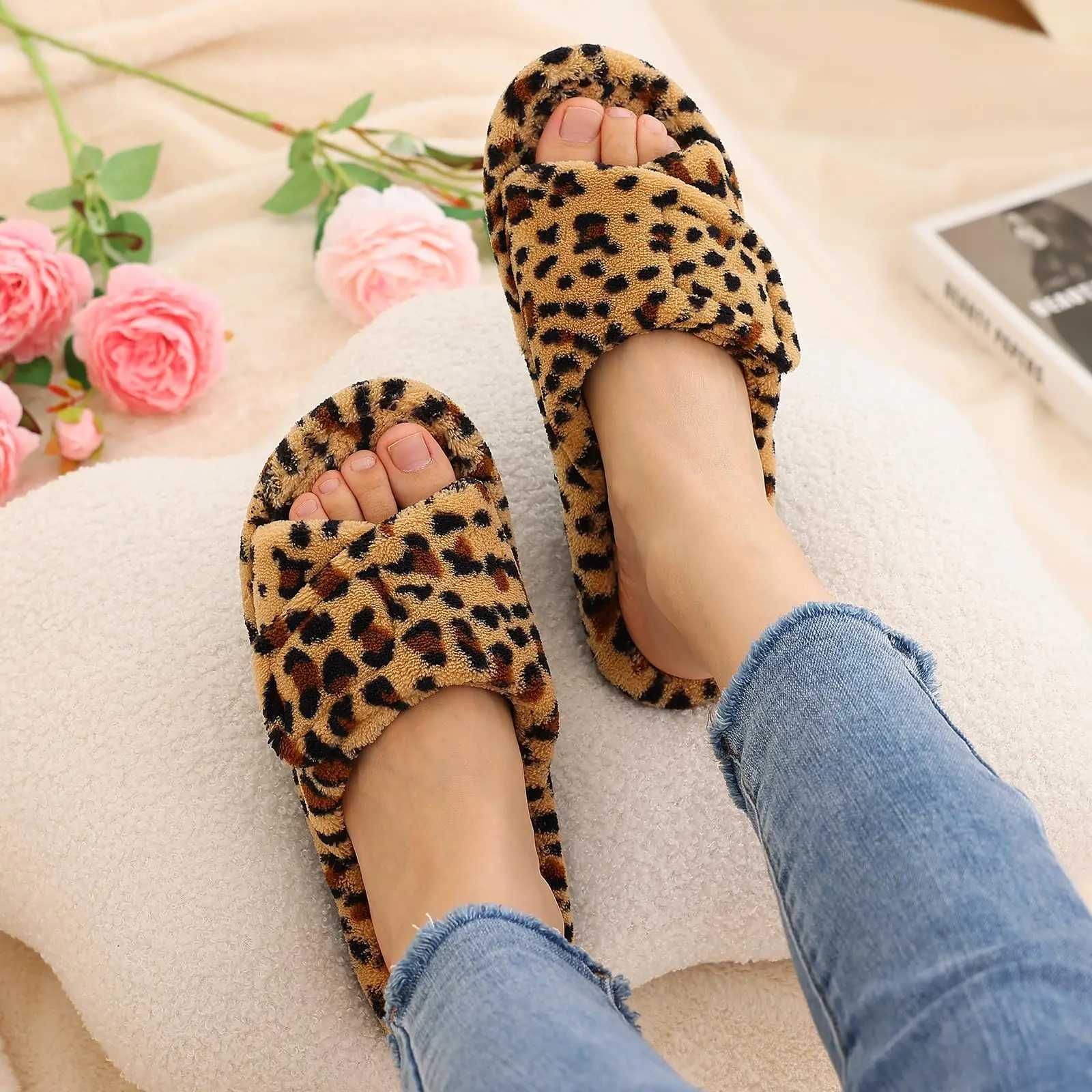 Shevalues Leopard Print Fur Women Slippers Fuzzy House Slippers Winter Open Toe Cotton Slippers Fashion Indoor Orthopedic Slides Z250614