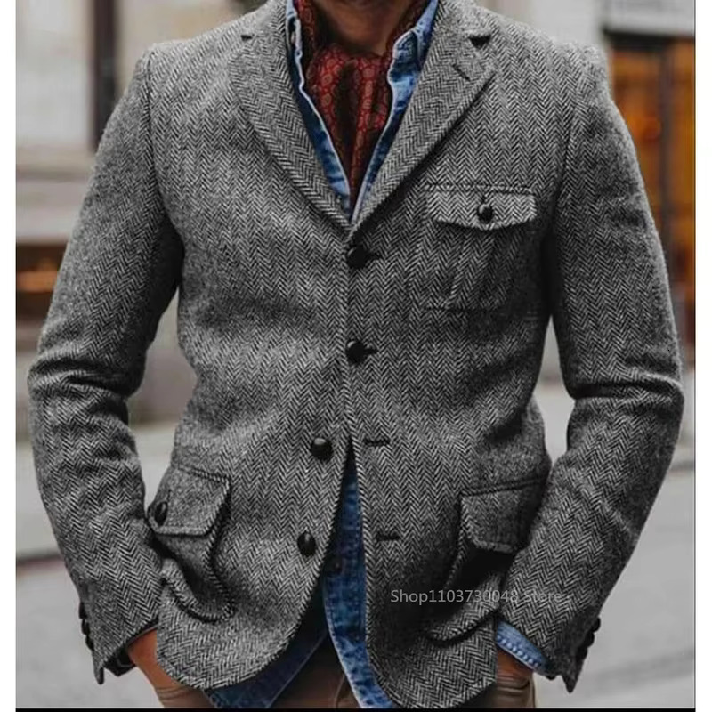 Herringbone Men's Jacket Single Breasted Elegant Casual Slim Stage Suit Jackets Suite For Man New In Suits And Blazers Male Coat