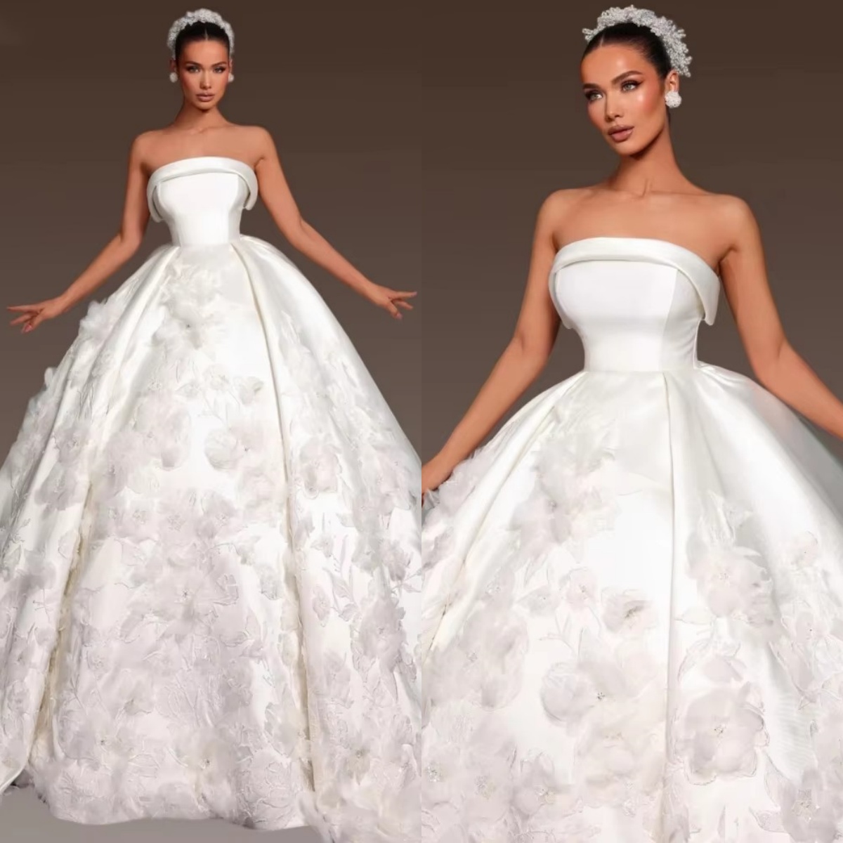 Simple Women Wedding Strapless Sleeveless Backless Bridal Gowns 3D Appliques Sweep Train Dress Custom Made vestidos de novia