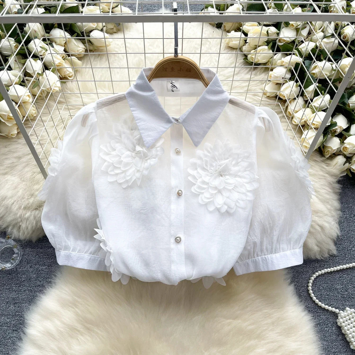 2025 French Style 3D Floral Blouse Women Lapel Neck Short Sleeves Pearl Loose Top Fashion sweet Sheer Chiffon Shirt 250121