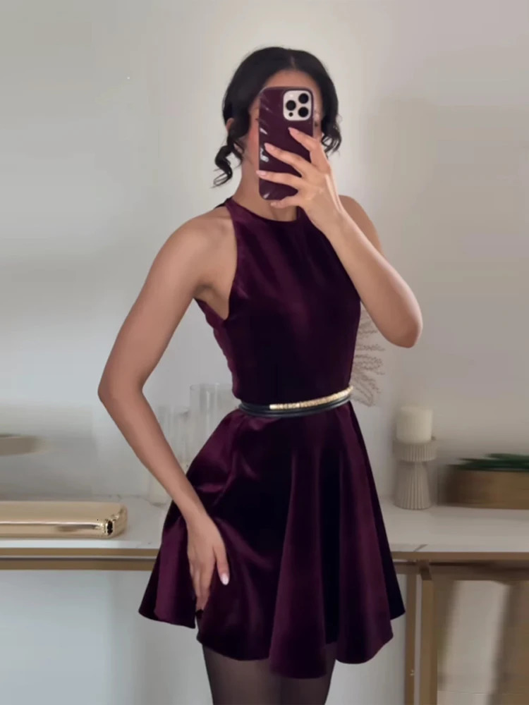 Fashion Velvet Mini Dress For Women Elegant Sleeveless Short High Waist Party Lady Aline Slim Christmas Evening Dresses 250208Z