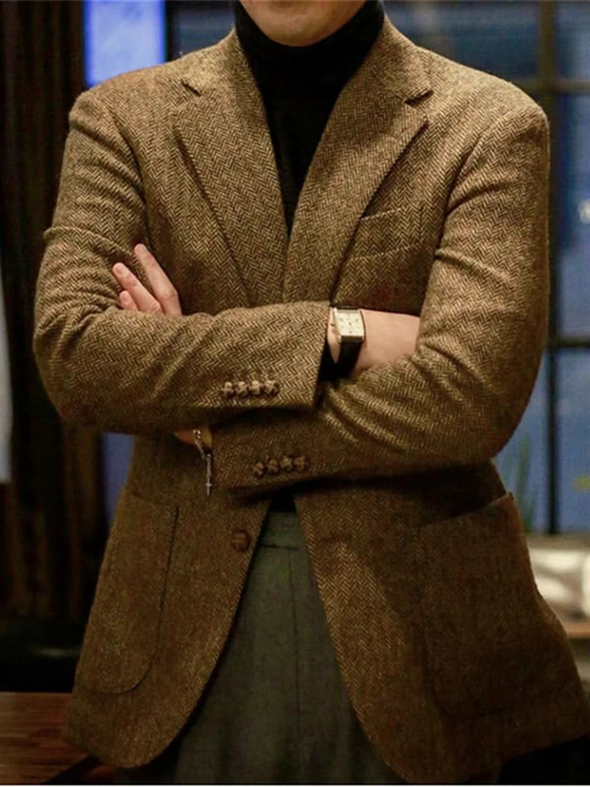 1Pieces Blazer For Men Herringbone Jacket Business Office Coat Winter Warm Wool Suit Lapel Single Breasted Clothes
