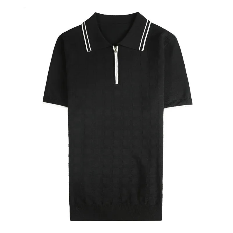 British Style Short Sleeve Tshirts Mens Plaid Knitted Polo Shirt Summer Zipper Decoration Casual Business Tee Tops Clothing 250207