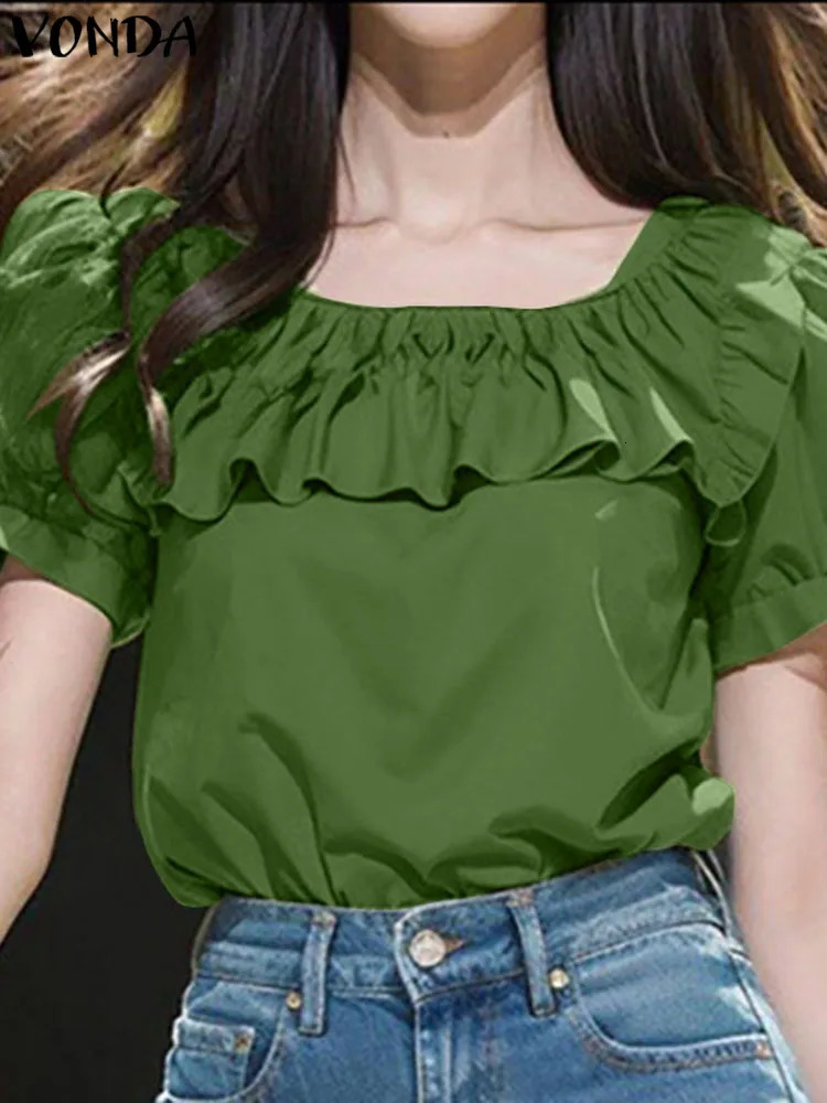Elegant Women Ruffle Blouse 2024 Fashion Short Sleeve Summer Solid Color Tops Bohemian Shirts VONDA Square Collar OL Blusas 250121