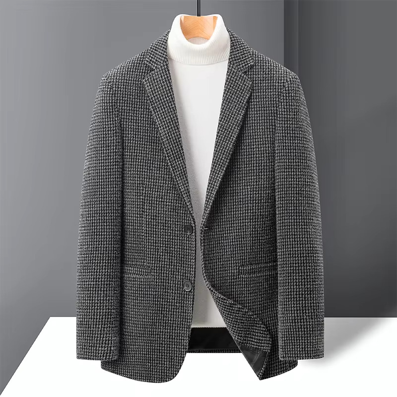 High-Quality Thousand-Bird Check Double-Sided For Men Korean Suit Collar Short Casual Woolen Coat Blazers