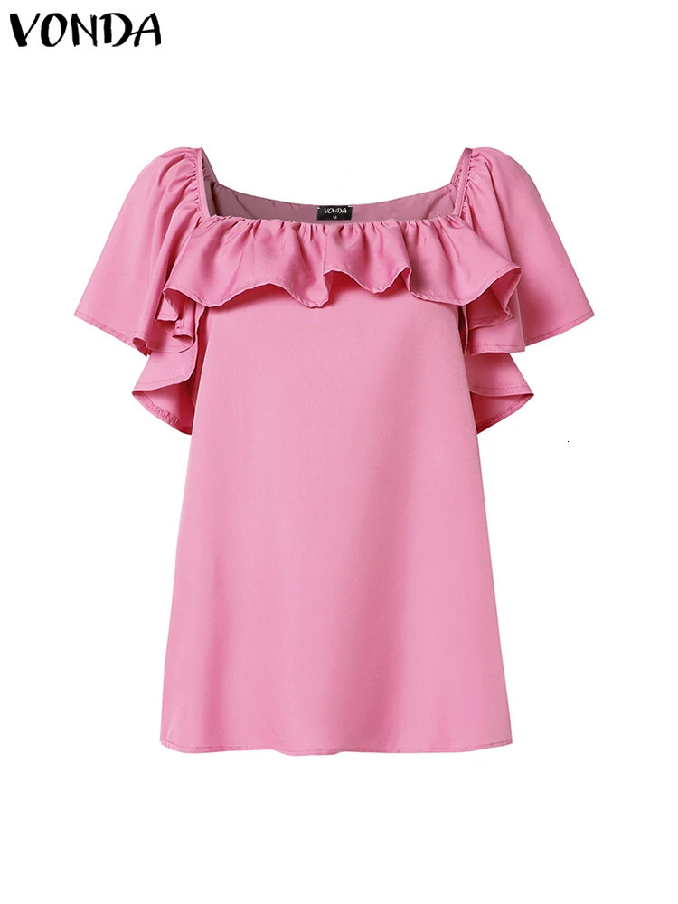 Elegant Women Ruffle Blouse 2024 Fashion Short Sleeve Summer Solid Color Tops Bohemian Shirts VONDA Square Collar OL Blusas 250121