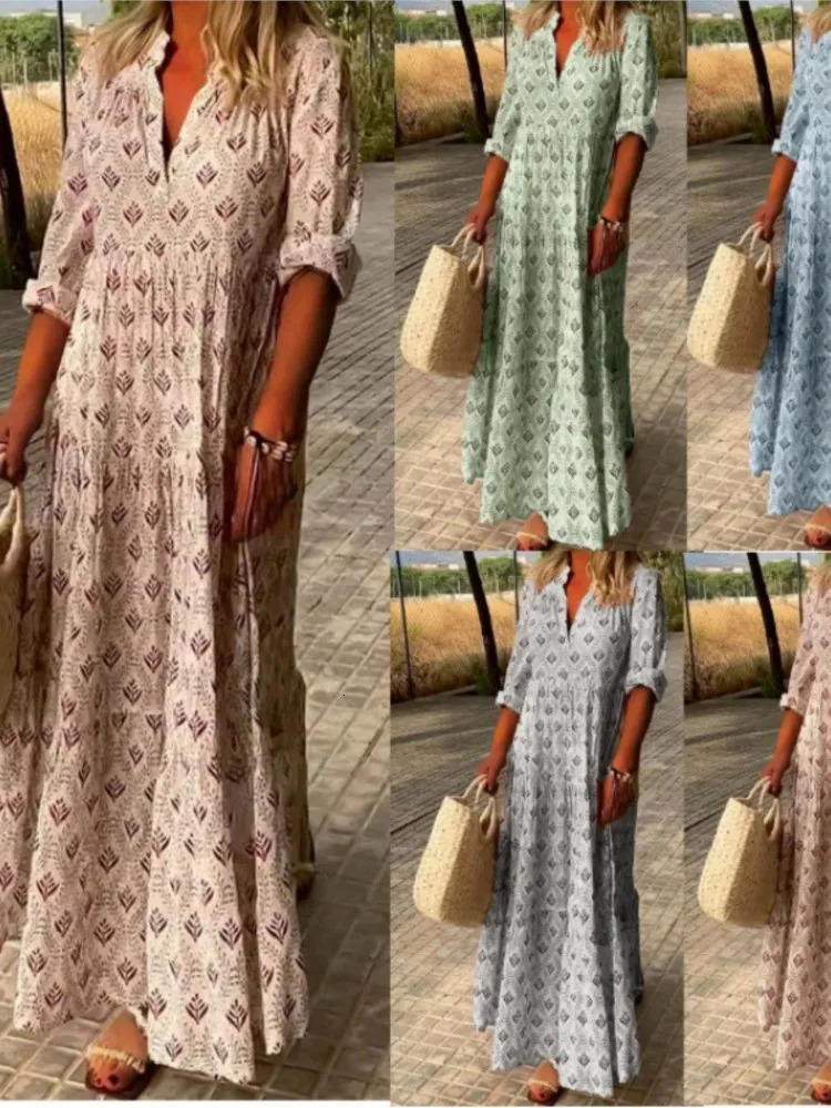 Women Fashion Boho Print Long Dress Autumn Long Sleeve V Neck Vintage Dresses Casual Loose Holiday Comfortable Dress Robe Femme 250208