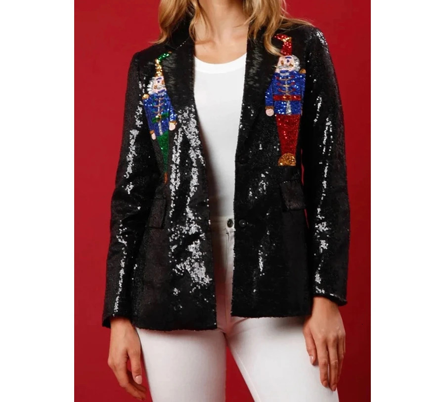 Womens Blazer Autumn/winter Christmas Fashion Casual Loose Print Collar Sequin Party Multi-color Long Sleeve Y2k Coats 250207