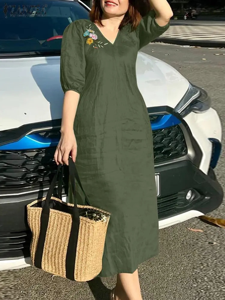 ZANZEA Women V Neck Aline Dresses Solid Holiday Casual 2024 Summer Commute Half Sleeve Floral Embroidery Midi Dress 250207