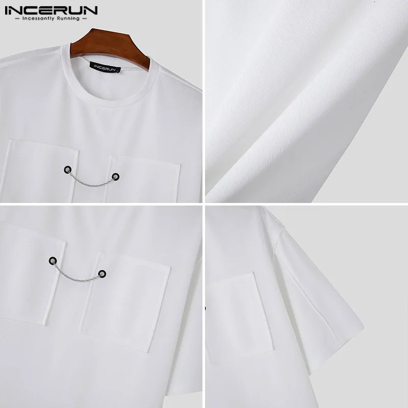 INCERUN Tops Fashion Mens Metal Buckle Texture Camiseta Streetwear Mens Solid Comfort Mid Sleeve T-shirt S-5XL 250207