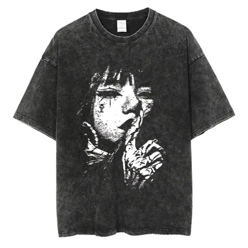 Men Fashion Washed T Shirt Streetwear Graphic Print Harajuku Hip Hop T-Shirt Summer Black Short Sleeve Cotton Loose Tops Tees 250207