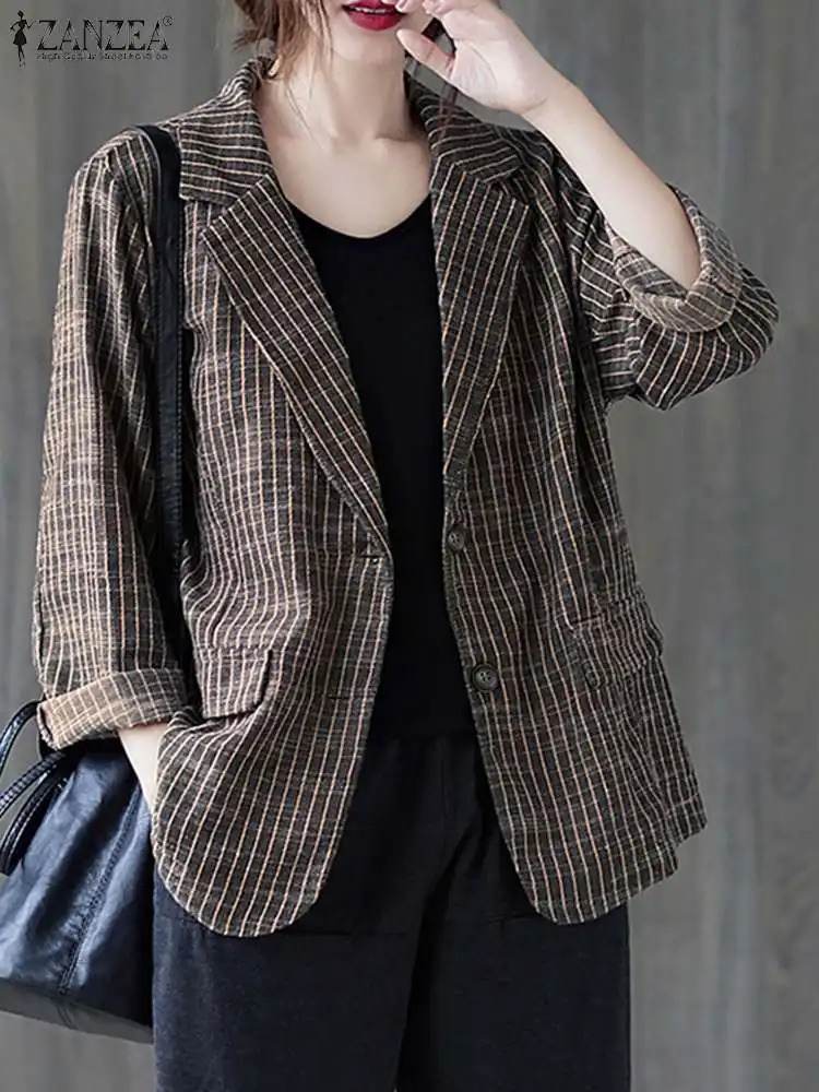 ZANZEA Fashion Stripe Printed Blazer Womens Long Sleeve Lapel Neck Jackets Autumn Casual Street Outwear Vintage OL Suits 250207