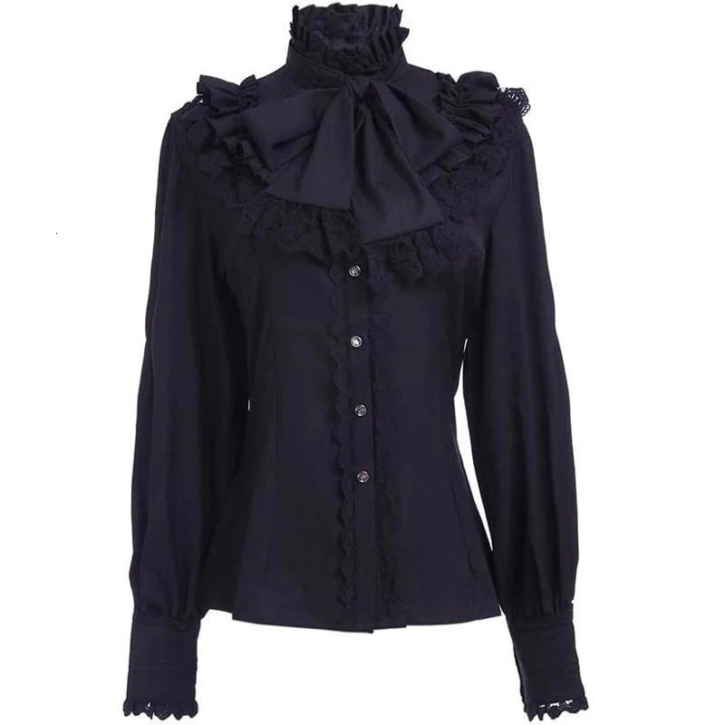 Vintage Ruffles White Shirts Women Japanese Preppy Lolita Bow Bandage Blouses Gothic Lace Patchwork Black Long Sleeve Slim Tops 250121