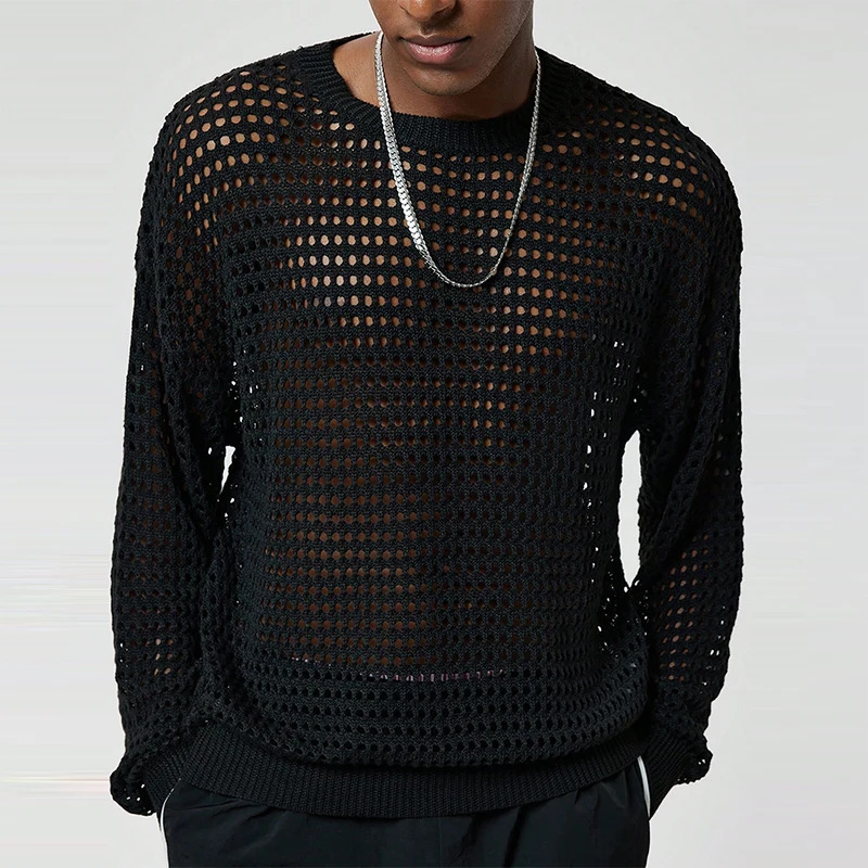 Spring casual mens mesh T-shirt long sleeved staff collar knitted floral top mens retro solid color mesh tee 250207