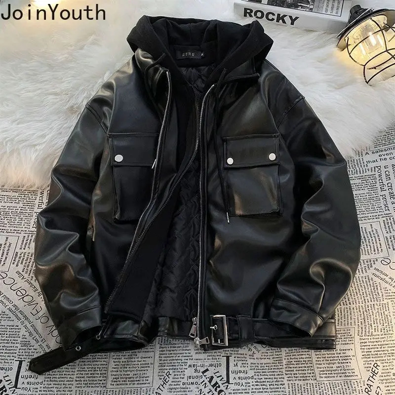 Street Clothing Hooded Leather Jacket Womens Clothing Splicing Work Leave Two Retro Jackets Harajuku Fashion Casual Y2k Jacket Top 250206