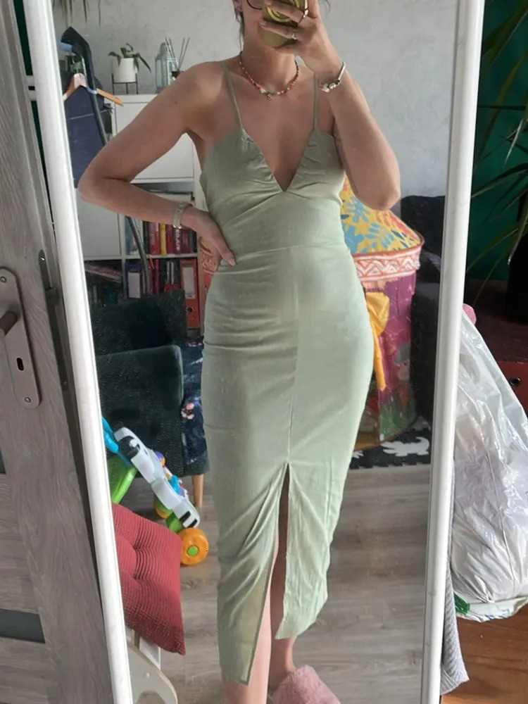 TRAF 2024 Green Slip Midi Dres Sleeveless Backless Summer Sexy Long Dresses Slit Evening Party 250207
