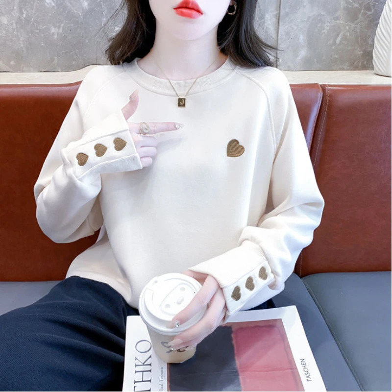 Plus Size Embroidery Loose Hoodies Spring Autumn Long Sleeve Solid Street Casual Pullovers Top Fashion Korean Women Clothing 250207