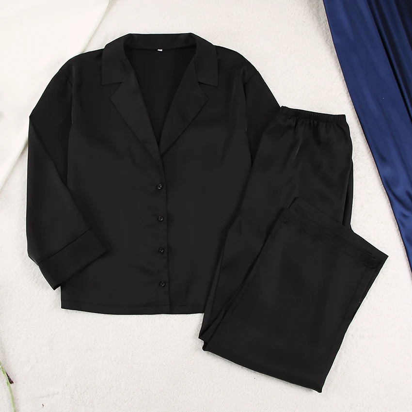 Hiloc Oversized Satin Silk Sleepwear Low Cut Sexy Pajamas For Women Single-Breasted Long Sleeves Wide Leg Pants Trouser Suits 250207