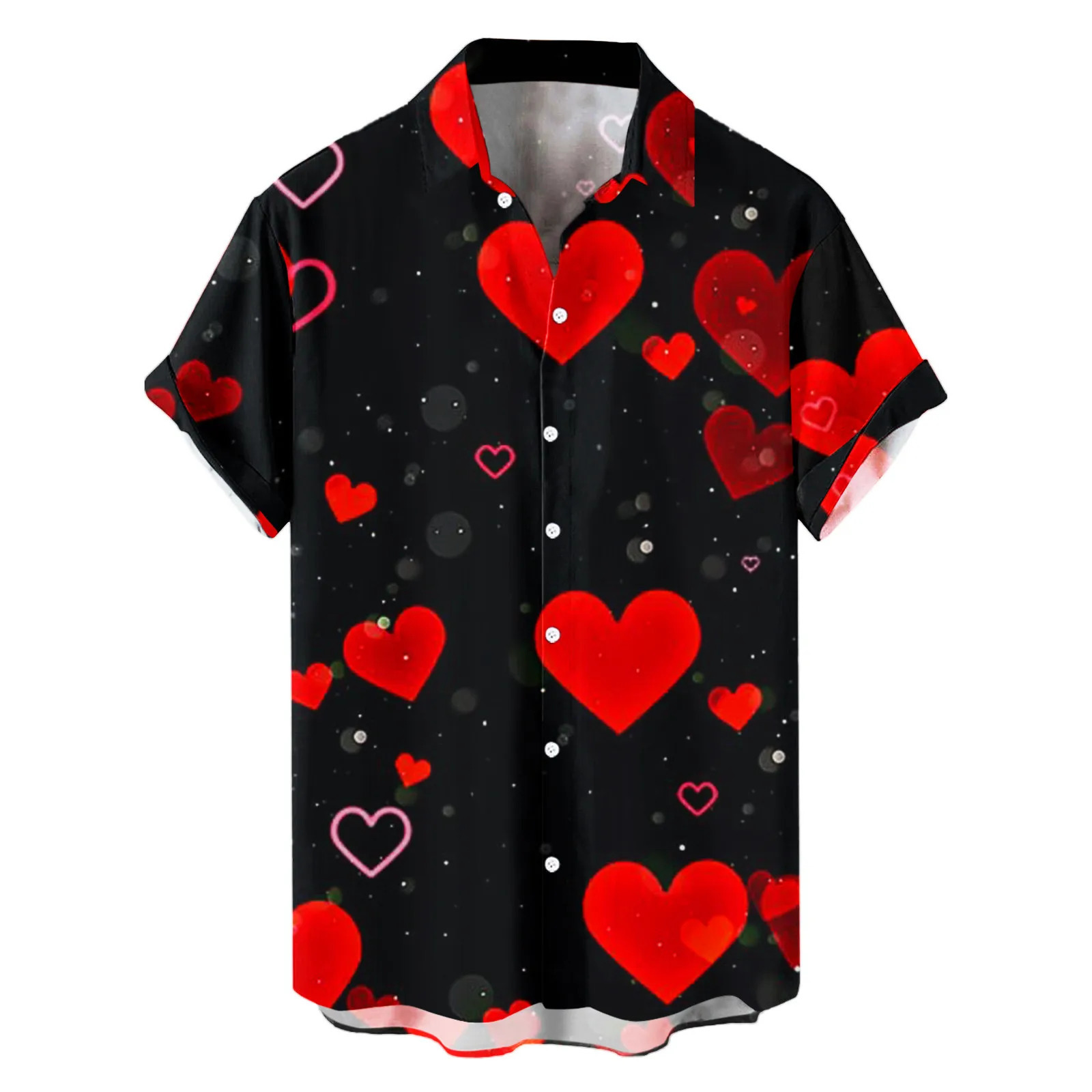Heart Love Dots Print Men Shirt Summer Short Sleeve Blouse Button White Valentines Day Clothes Party Social Dress Male Tops 250207