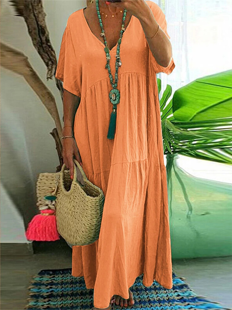 Plus Size Dres 2024 Summer VNeck Short Sleeve Pleated Solid Color Casual Midi Dress Hem Loose XL5XL 250207