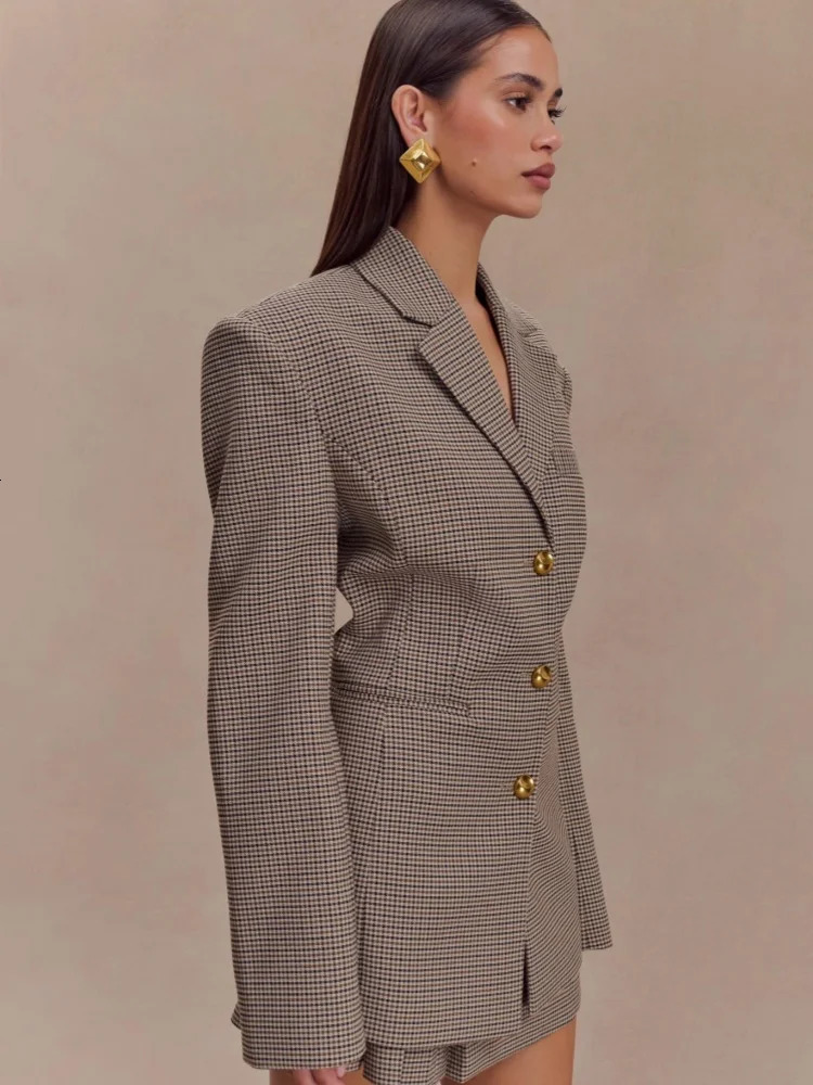 Womens Lapel Long Sleeves Plaid Jacket Khaki Woman Commute V Neck Loose Coat Female Fashion Charm Office Street Outercoats 250208Z