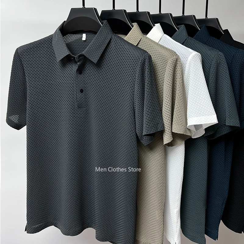 Summer Mens Lopup Hollow Shortsleeved Polo Shirt Ice Silk Breathable Business Fashion TShirt Male Clothes 250121