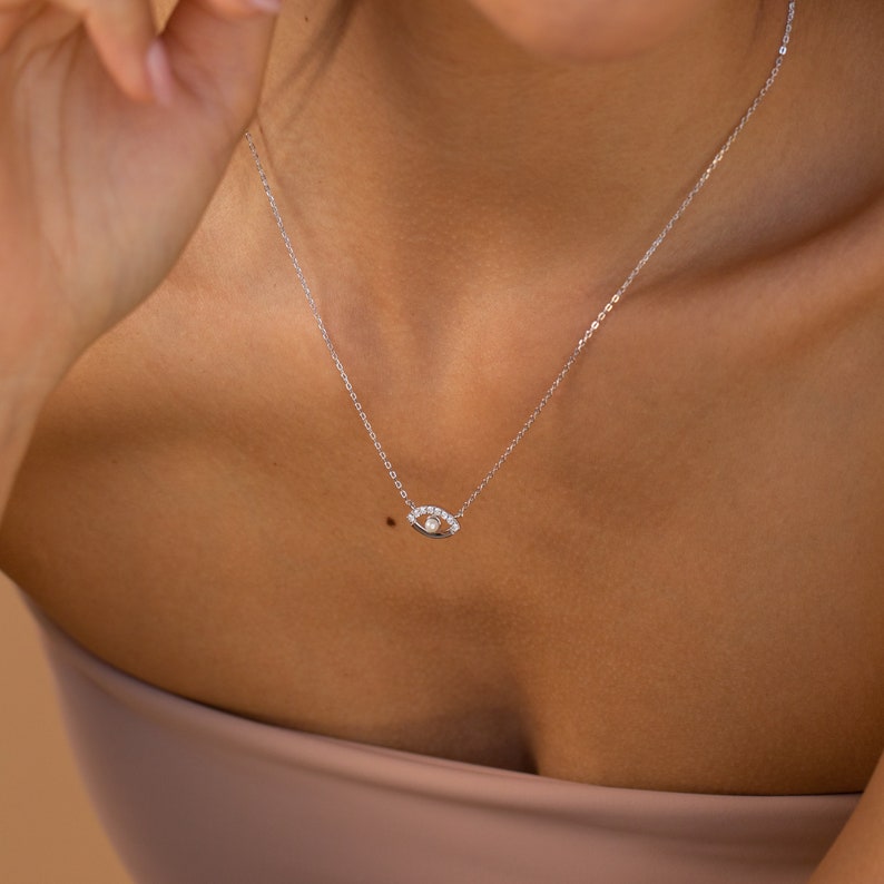 Pave Diamond Evil Eye Charm Necklace Dainty Crystal Necklace with Pearl Bead Perfect Gift for Her