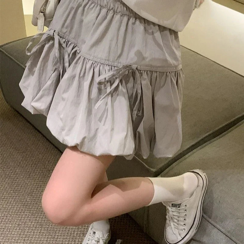 Rimocy Korean Ins Bowknot A Line Skirt Summer High Waist Lantern Mini Skirts Woman Solid Color Sweet Style Girls 250208Z