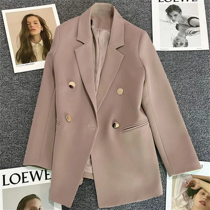 Solid Casual Coat Metal Buckle Small Suit Womens Jacket Clothing Summer Double Breasted Office Lady Elegant Blazers Thin Autumn 250208