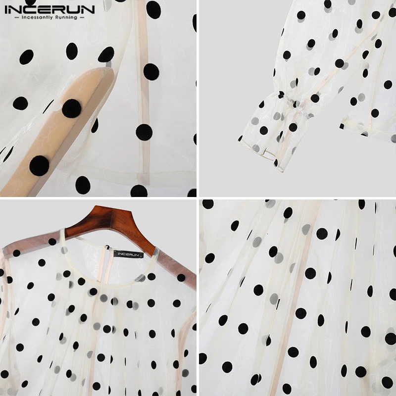 Fashion Casual Style Tops INCERUN Mens High Neck Polka Dot Perspective Shirts Clubwear Thin Puff Long Sleeved Blouse S-5XL 250207