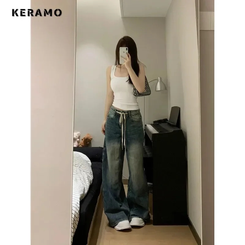 Harajuku Vintage Drawstring High Waist Loose Jeans Autumn Pants Winter Womens Y2K Wide Leg Baggy Streetwear Denim Trouser 250206