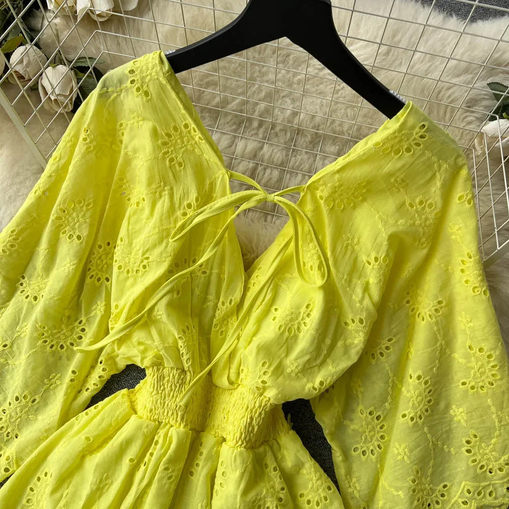 WhitePurpleBlue Vneck Summer Lace Embroidered Dress Short sleeved Retro Party Beach Midi 250207