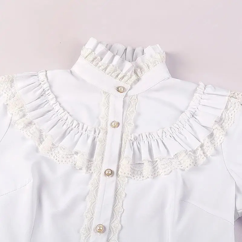 Vintage Ruffles White Shirts Women Japanese Preppy Lolita Bow Bandage Blouses Gothic Lace Patchwork Black Long Sleeve Slim Tops 250121