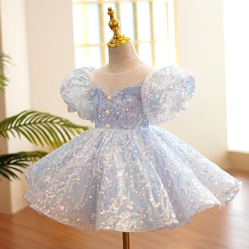 Kids Birthday Party Dresses for Little Girl Size 2 To 14 Years Prom Sequin Dress Gowns Sky Blue Evening Formal Frock 250114