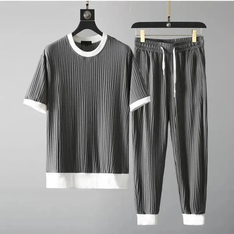 Men Outfit Set Summer Thin Short Sleeve T Shirts 2 Piece Tracksuit Korean Fashion O Neck Pullovers Sport Clothes 250207