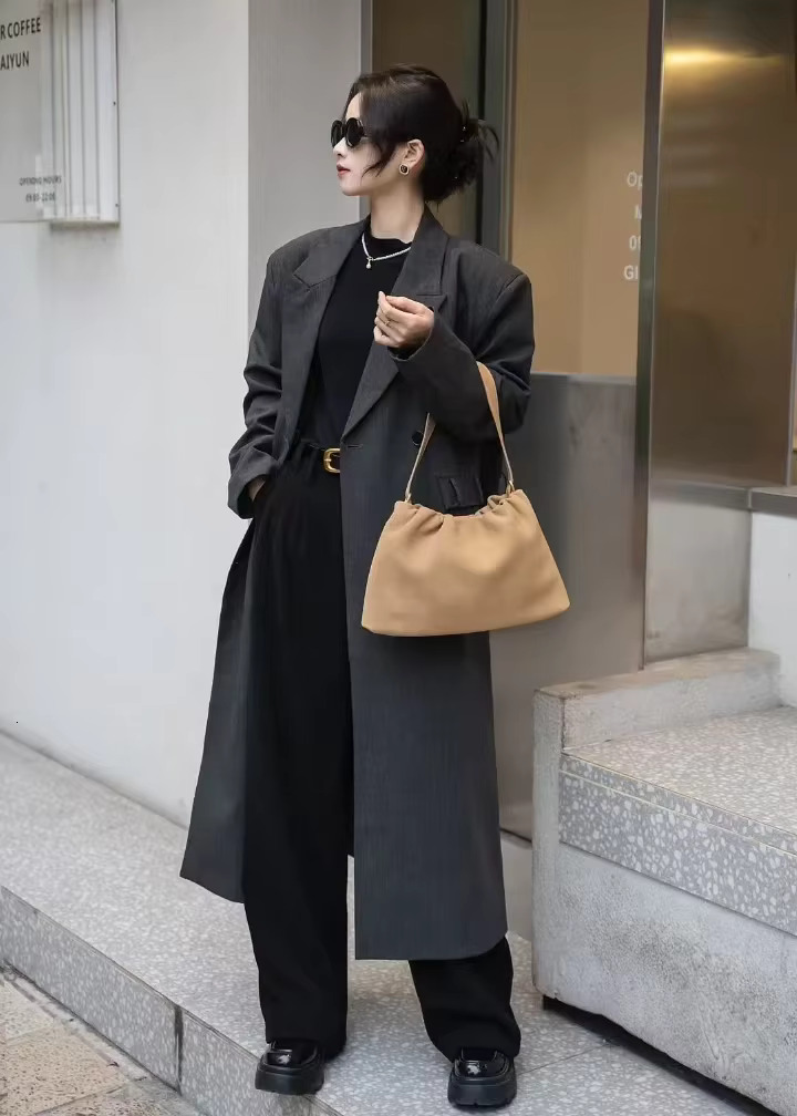 Ruched Korean Kakhi Coffee Designer Armpit Shoulder Bag 2 Straps Real Matte Suede Cow Leather Women Handbag Chamois Tote Suede Vintage BagVoyage