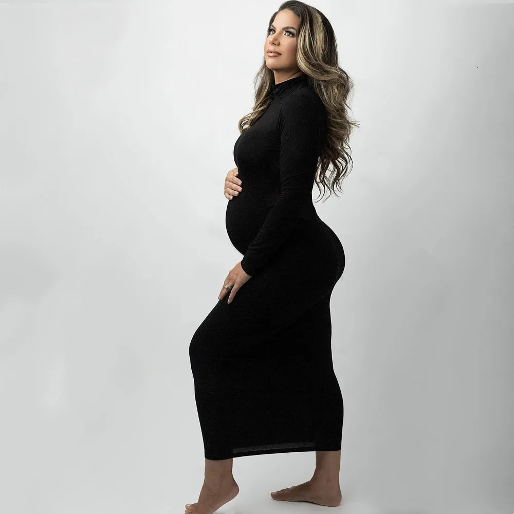 HighNeck Pregnant Womens SlimFit dress LongSleeved Stretch Daily Dress 250114