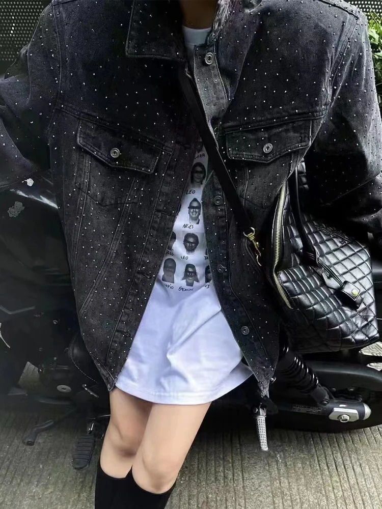 BKQU Rhinestone Shiny Jacket Women Oversized Black Denim Coats Fashion Lapel Single Breasted Long Sleeve Loose Jean Coat 250122