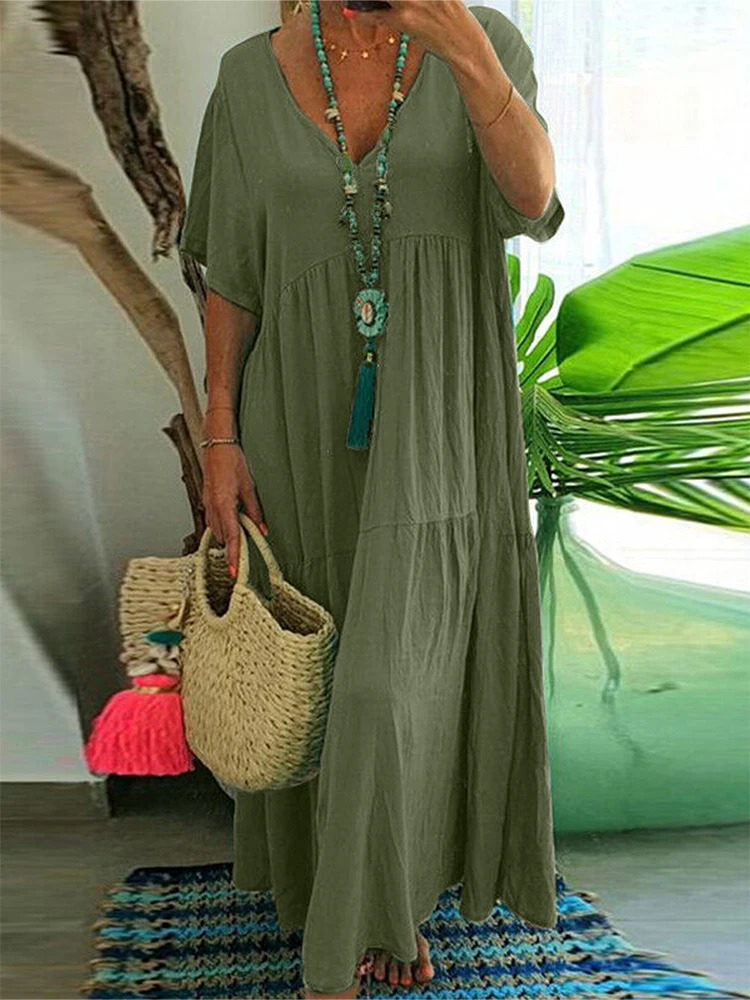 Plus Size Dres 2024 Summer VNeck Short Sleeve Pleated Solid Color Casual Midi Dress Hem Loose XL5XL 250207
