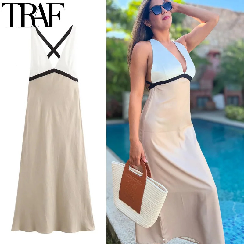 TRAF Womens Dress 2025 Sleeveless Halter Long Dresses Backless Sexy Elegant Party Patchwork Sundress Midi 250207