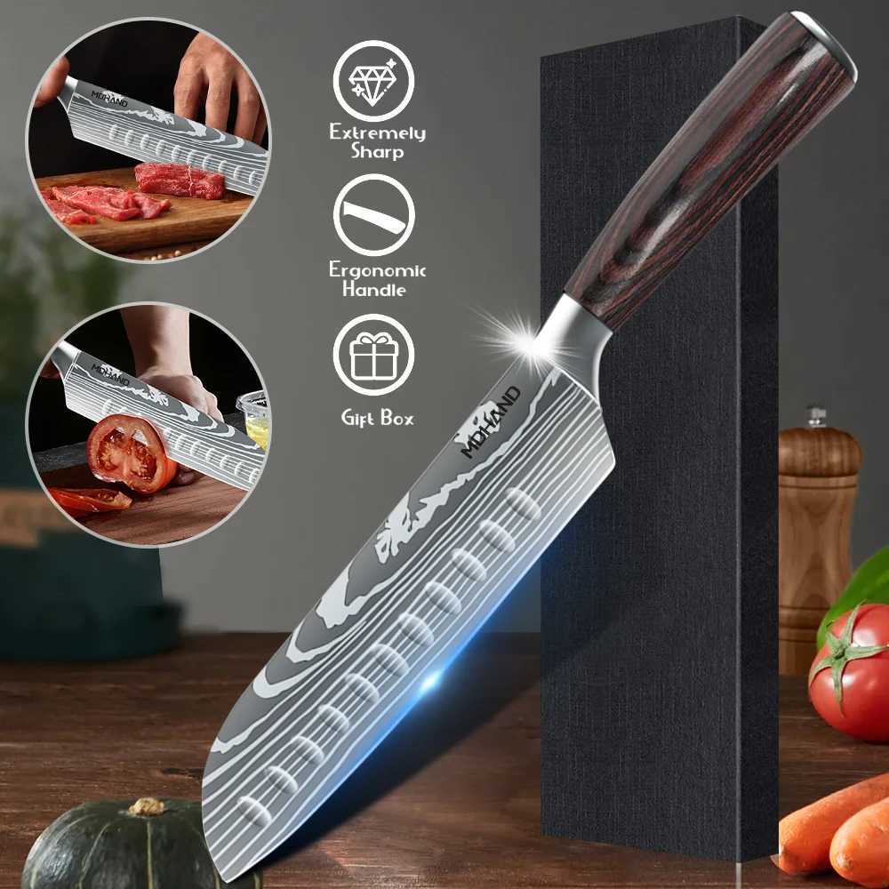 7 Inch Santoku Knife Laser Damascus Stainless Steel Kitchen Knives Professional Chef Knife Full Tang Vegetable Cutting Knife W250208