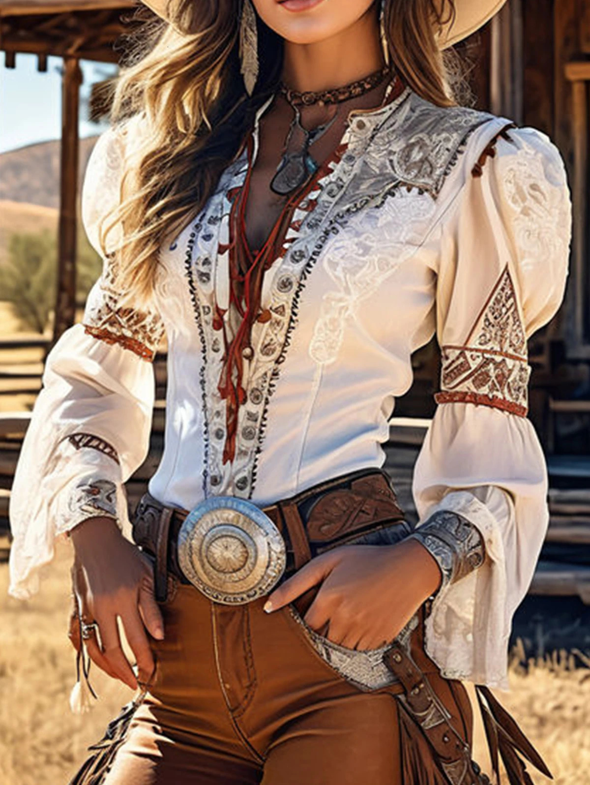 Elegant Chic Women Tops Western Print Lace Up V Neck Flare Sleeve Shirt Lace Patchwork Long Sleeve Vintage Blouse250207