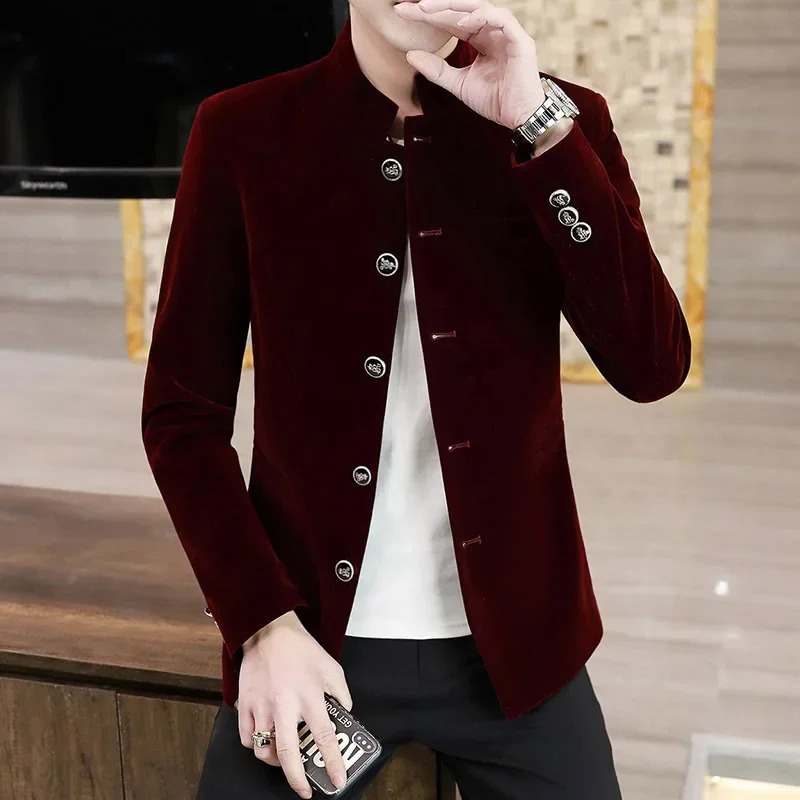 HOO 2025 Mens Fashion Stand Collar Velvet Casual blazer Youth Autumn Single Breasted SlimFitting 250208Z